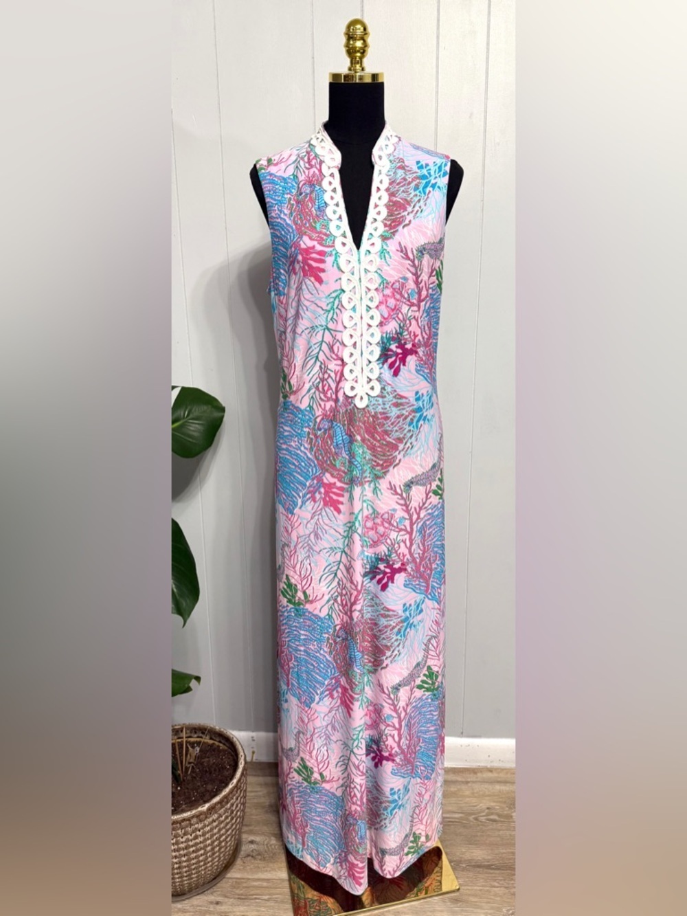 #13) Sleeveless Pink Coral-Print Maxi Dress with Eyelet Trim